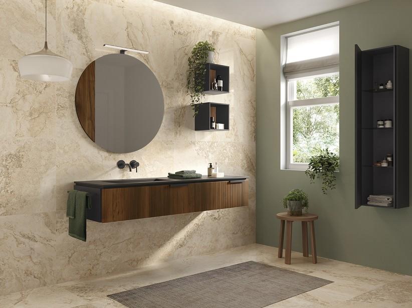 Meuble salle de bains BLUES 160 cm 2 tiroirs noyer cannelé plan vasque à gauche HIDE noir | IperCeramica