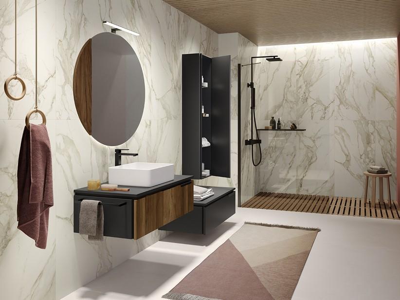 Meuble salle de bains BLUES 90 cm 1 tiroir noyer cannelé et top noir mat | IperCeramica