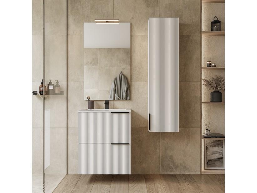 Meuble salle de bains AVIVO 60 cm 2 tiroirs cannelé blanc mat avec vasque en résine blanc brillant | IperCeramica