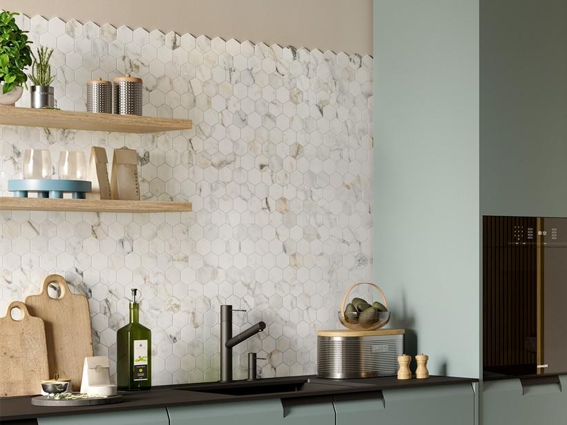 Mosaïque Bianco Paros 29x27 grès cérame effet marbre blanc mat | IperCeramica