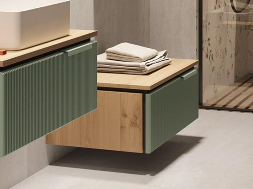 Meuble salle de bains BLUES 90 cm 1 tiroir cannelé vert sauge mat flancs chêne top 1,8 cm chêne | IperCeramica