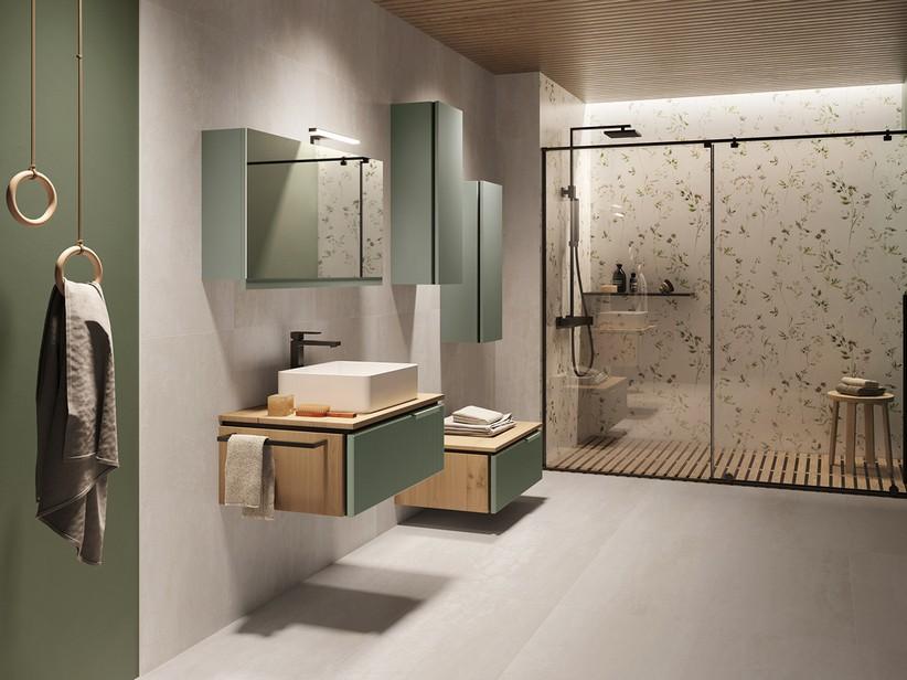 Meuble salle de bains BLUES 90 cm 1 tiroir cannelé vert sauge mat flancs chêne top 1,8 cm chêne | IperCeramica