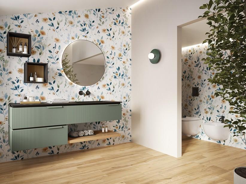 Meuble sous-vasque BLUES 160 cm 3 tiroirs cannelés vert sauge mat plan vasque à droite Unitop HIDE effet pierre noir | IperCeramica