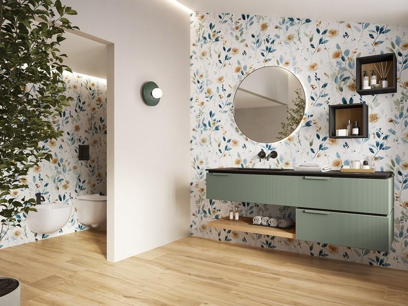 Meuble sous-vasque BLUES 160 cm 3 tiroirs cannelés vert sauge mat plan vasque à gauche Unitop HIDE effet pierre noir | IperCeramica