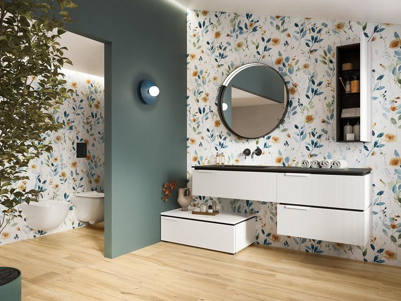 Meuble sous-vasque BLUES 160 cm 3 tiroirs cannelés blanc mat plan vasque à gauche Unitop HIDE effet pierre noir | IperCeramica