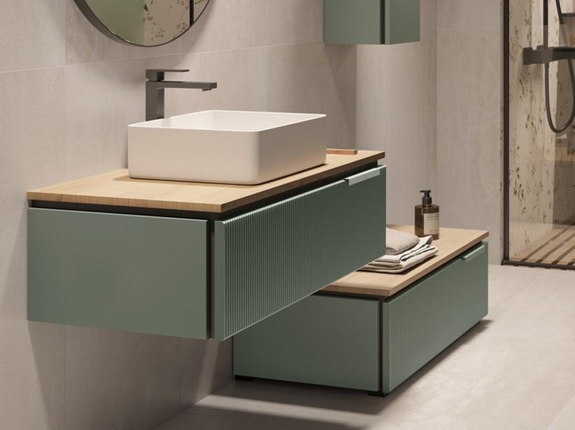 Meuble salle de bains BLUES 70 cm 1 tiroir cannelé vert sauge mat top 1,8 cm chêne | IperCeramica