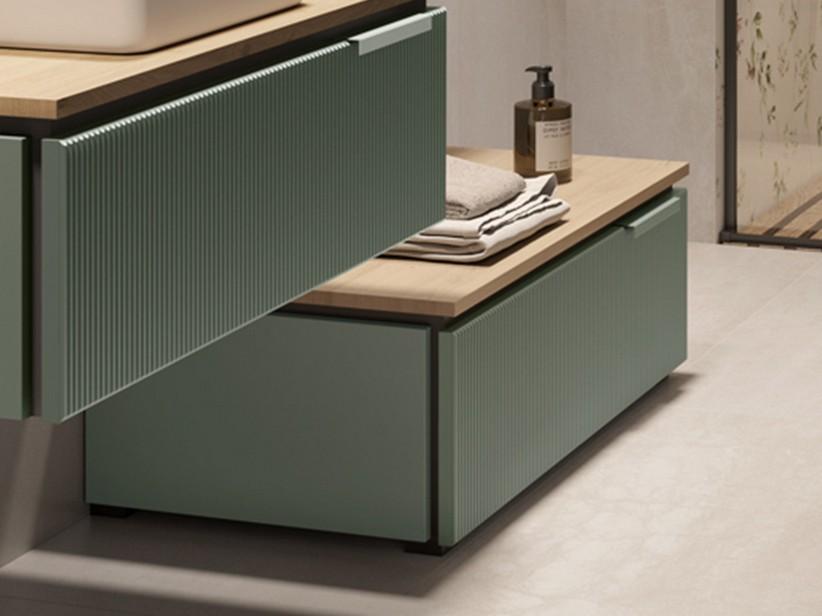 Meuble salle de bains sur pieds BLUES 90 cm 1 tiroir cannelé vert sauge mat top 1,8 cm chêne | IperCeramica