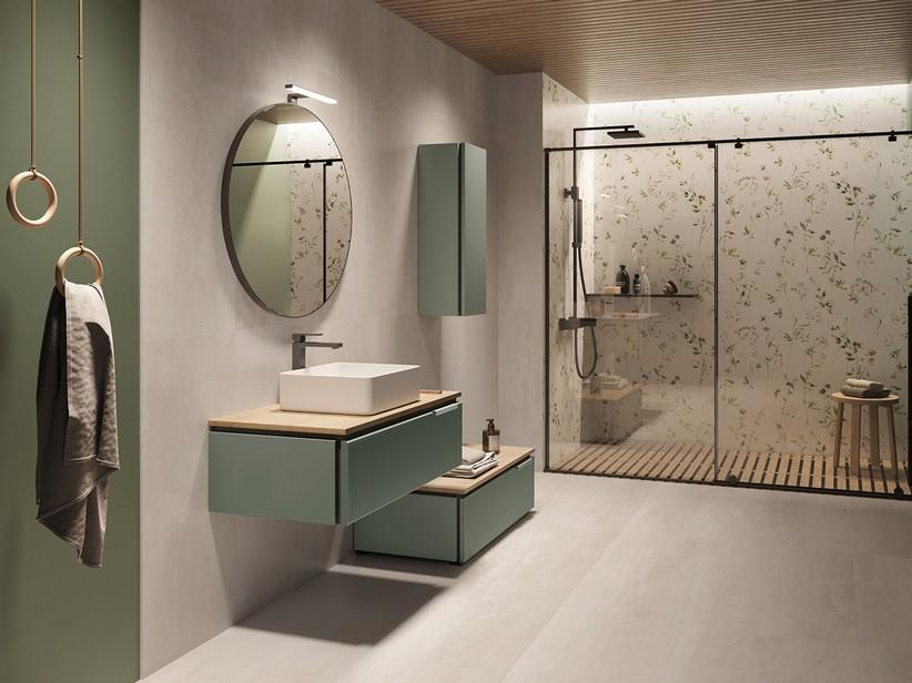 Meuble salle de bains BLUES 90 cm 1 tiroir cannelé vert sauge mat top 1,8 cm chêne | IperCeramica