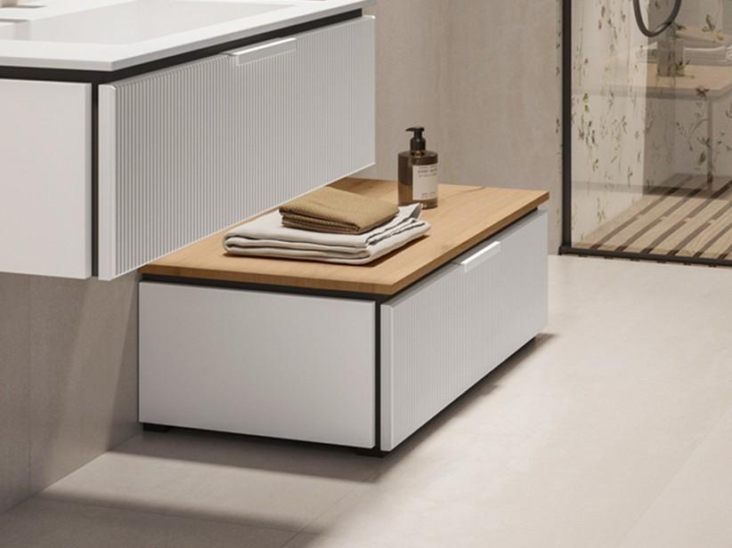 Meuble salle de bains sur pieds BLUES 90 cm 1 tiroir cannelé blanc mat top 1,8 cm chêne | IperCeramica