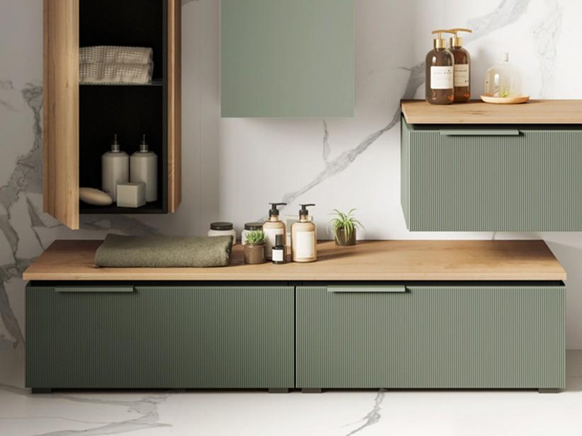 Meuble salle de bains sur pieds BLUES 140 cm 2 tiroirs cannelés vert sauge mat top 1,8 cm chêne | IperCeramica