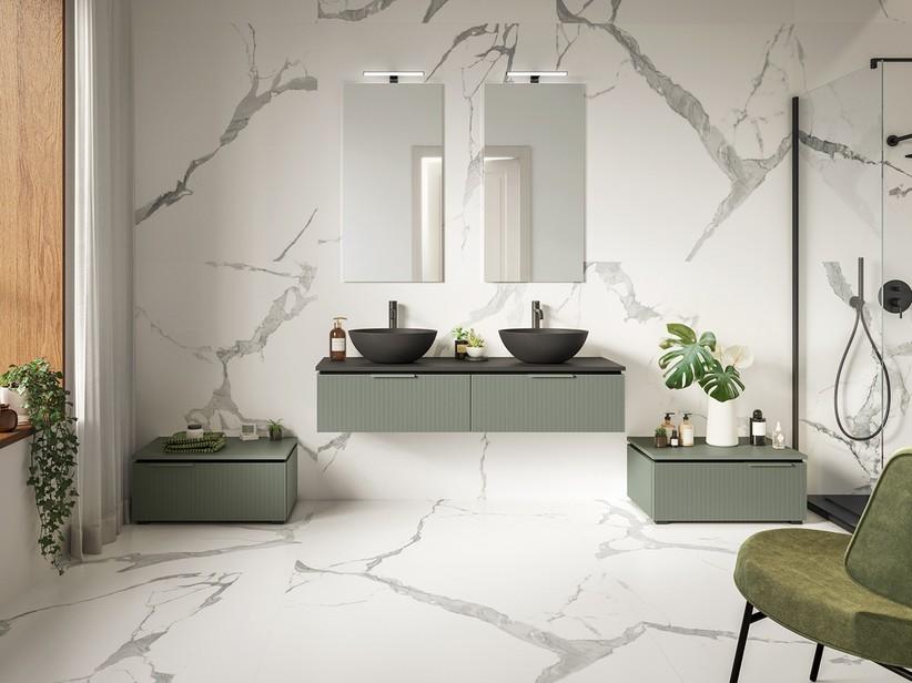 Meuble salle de bains BLUES 140 cm 2 tiroirs cannelés vert sauge mat top 1,2 cm noir mat | IperCeramica