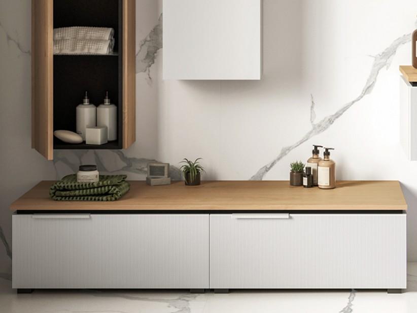 Meuble salle de bains sur pieds BLUES 140 cm 2 tiroirs cannelés blanc mat top 1,8 cm chêne | IperCeramica