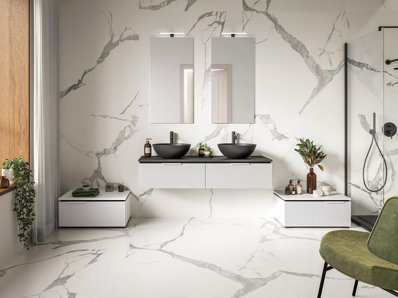 Meuble salle de bains BLUES 140 cm 2 tiroirs cannelés blanc mat top 1,2 cm noir mat | IperCeramica