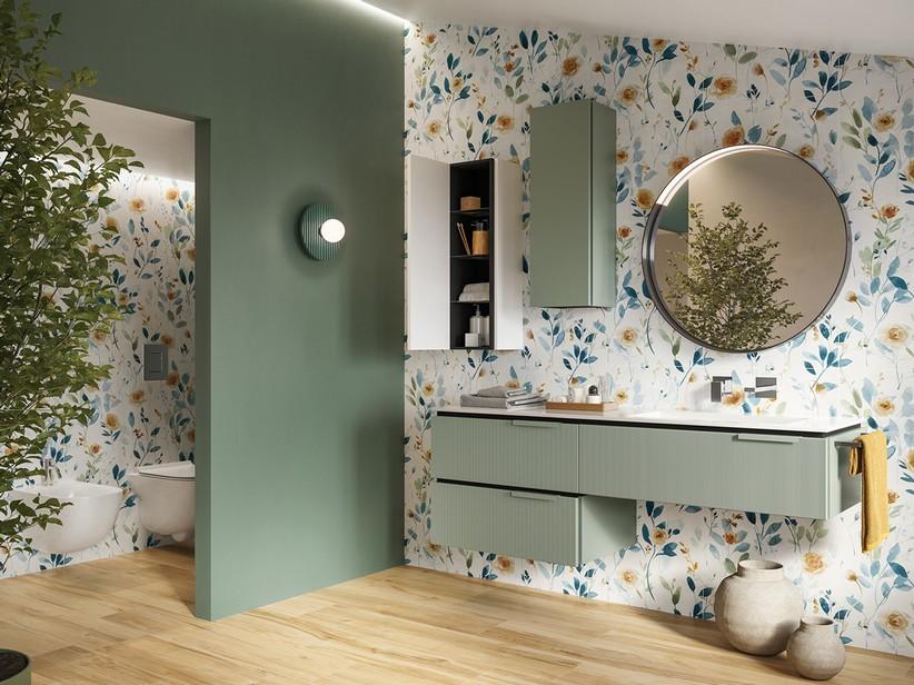 Meuble sous-vasque BLUES 160 cm 3 tiroirs cannelés vert sauge mat plan vasque à droite Unitop HIDE effet pierre blanc | IperCeramica