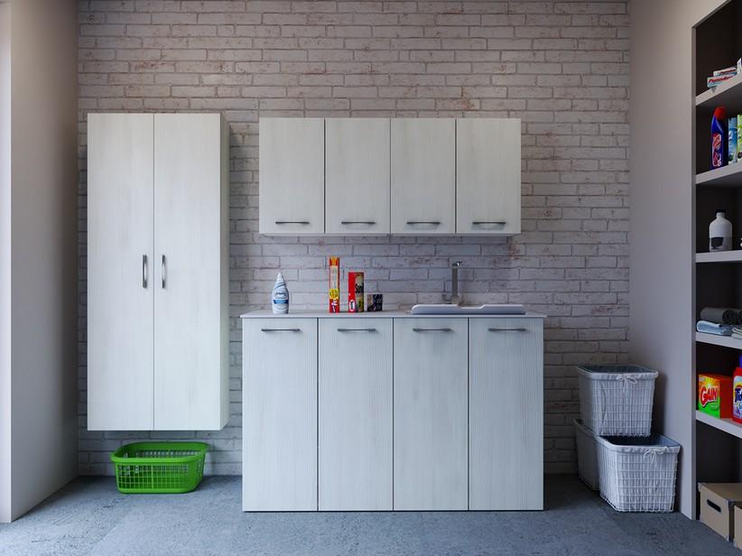 Meuble buanderie BONK 140 cm 4 portes avec lavabo en solid surface droite - Blanc Matrix | IperCeramica