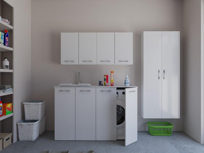 Meuble buanderie BONK 140 cm 4 portes avec lavabo en solid surface gauche - Blanc brillant | IperCeramica