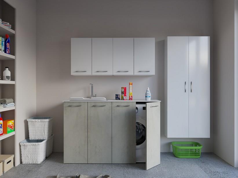Meuble buanderie BONK 140 cm 4 portes avec lavabo en solid surface gauche - Ciment | IperCeramica
