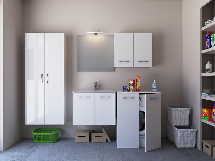 Meuble buanderie BONK 73 cm 2 portes avec lavabo en céramique - Blanc brillant | IperCeramica
