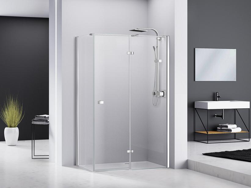 Cabine de douche d'angle Chakra 90x90 h195 Ext 87/89-87/89 porte pivotante ouverture droite paroi lat. verre chrome transp 8mm | IperCeramica