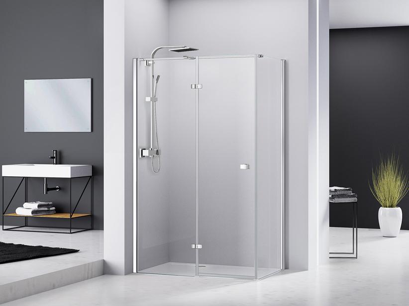 Cabine de douche d'angle Chakra 90x90 h195 Ext 87/89-87/89 porte pivotante ouverture gauche paroi lat. verre chrome transp 8mm | IperCeramica