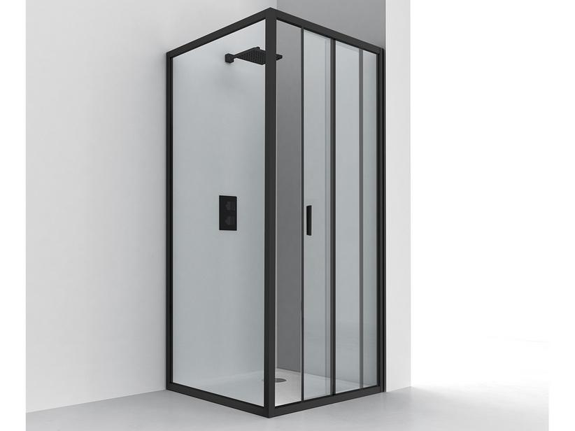 Cabine de douche d'angle Nice 120x90 h195 Ext 118/122-86,5/90,5 porte coulissante paroi latérale verre 6 mm transp noir mat | IperCeramica