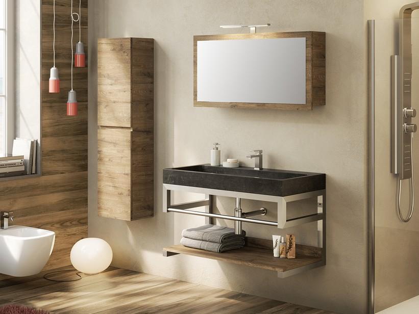 Meuble de salle de bains Purestone 100 cm inox satiné avec lavabo pierre noire | IperCeramica