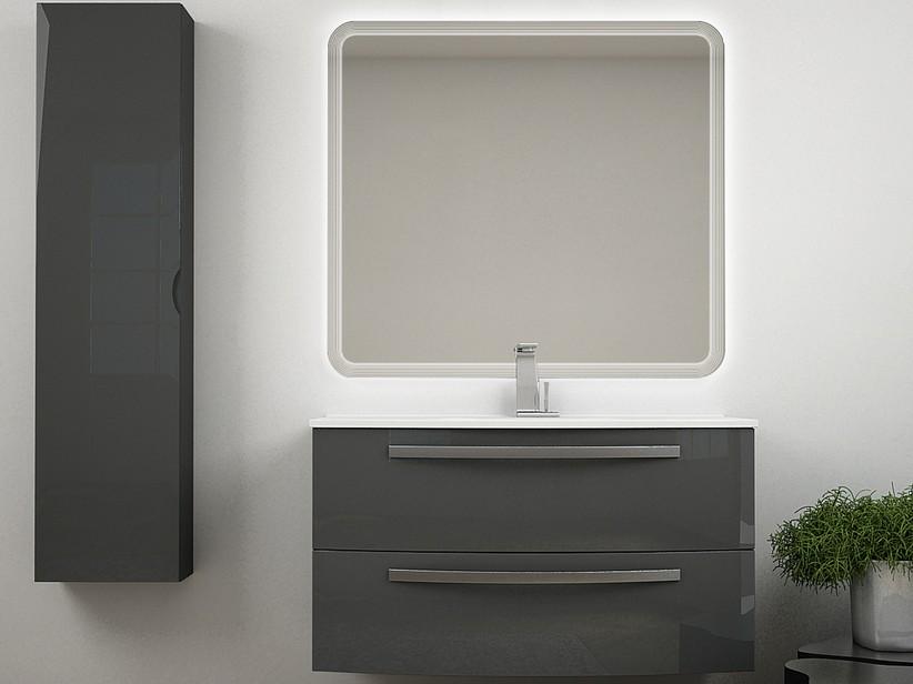 Meuble de salle de bains Corallo 100 cm 2 tiroirs anthracite avec plan de vasque Unitop en résine blanc brillant | IperCeramica