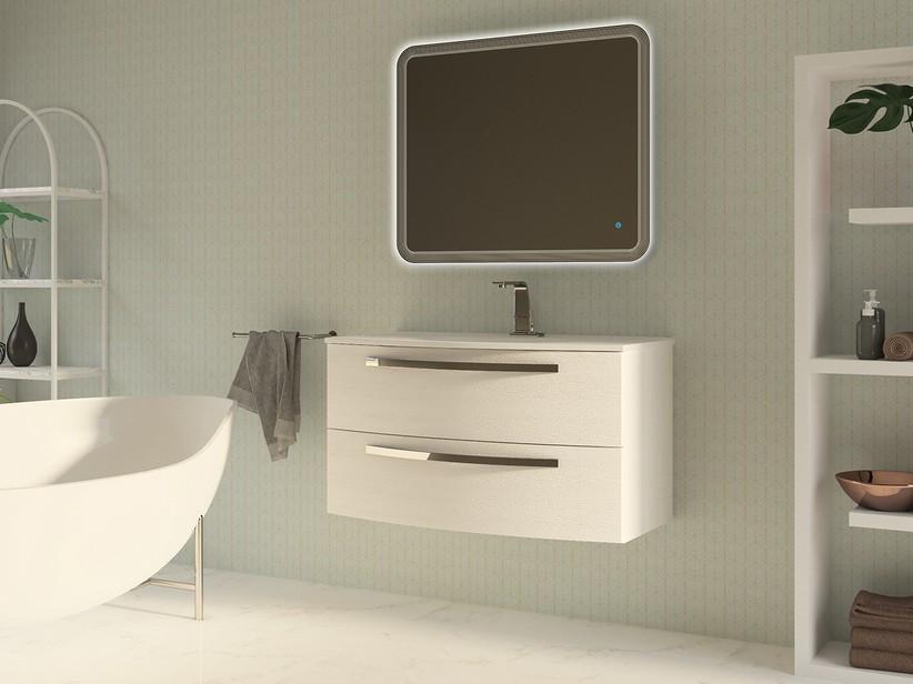Meuble de salle de bains Corallo 100 cm 2 tiroirs frêne blanc avec plan de vasque Unitop en résine blanc brillant | IperCeramica