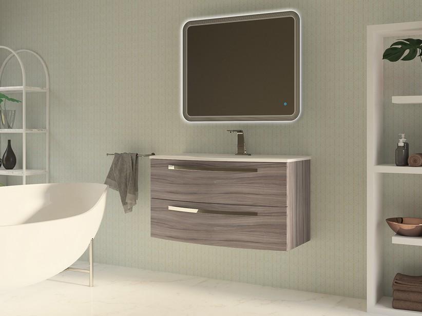 Meuble de salle de bains Corallo 100 cm 2 tiroirs mélèze avec plan de vasque Unitop en résine blanc brillant | IperCeramica