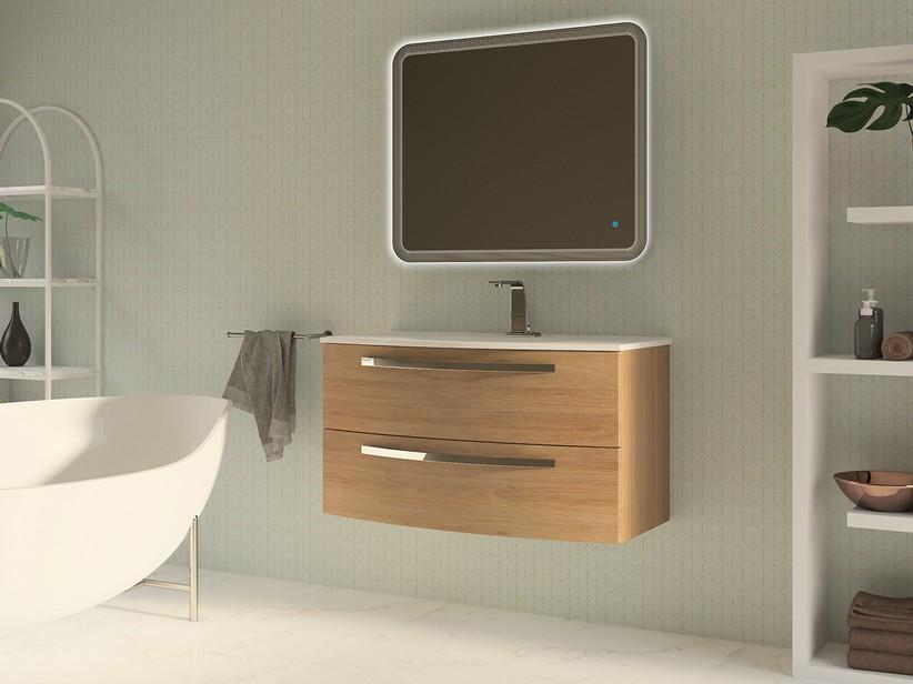 Meuble de salle de bains Corallo 100 cm 2 tiroirs chêne tabac avec plan de vasque Unitop en résine blanc brillant | IperCeramica