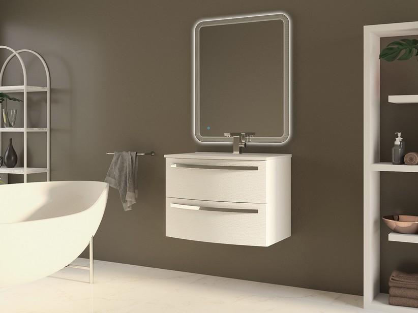 Meuble de salle de bains Corallo 75 cm 2 tiroirs frêne blanc avec plan de vasque Unitop en résine blanc brillant | IperCeramica