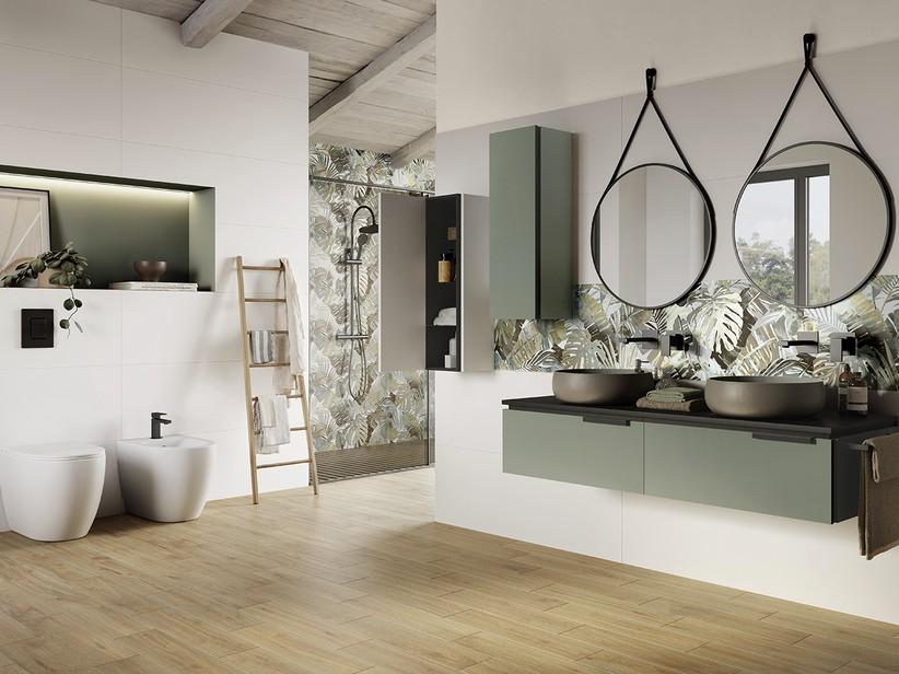 Meuble salle de bains TOUCH 140 cm 2 tiroirs vert sauge mat top 1,2 cm noir mat | IperCeramica