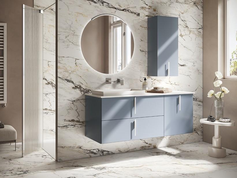 Meuble de salle de bains DESK 140 cm bleu mat - Poignées et lavabo STAR blanc mat | IperCeramica
