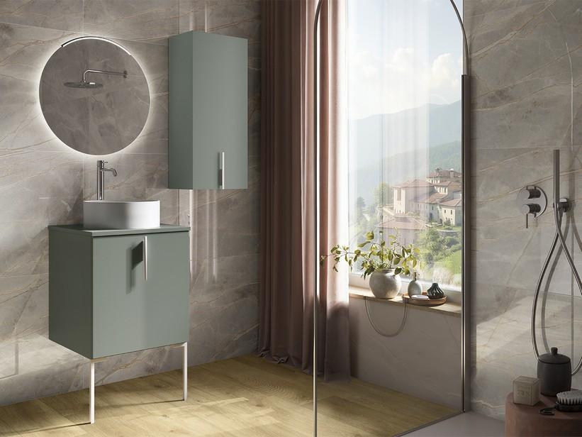 Meuble de salle de bains DESK 50 cm 1 porte vert mat - Poignée et pieds blanc mat | IperCeramica