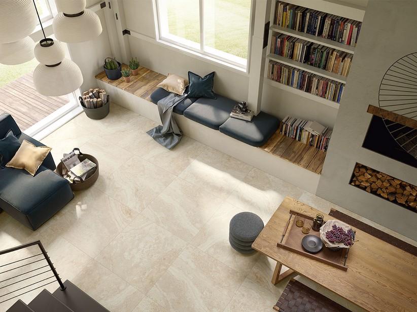 Carrelage Elegance Travertino Ivory 90x90 grès cérame effet marbre 3D ivoire | IperCeramica