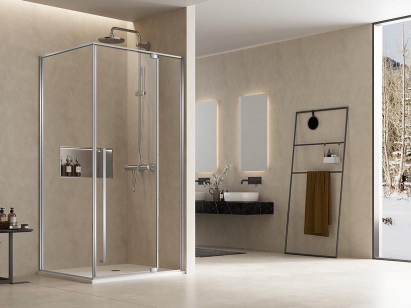Cabine de douche d'angle Era 100x90 ext 99/100-89/90 porte battante ouverture droite verre 8 mm profilés effet inox brossé | IperCeramica