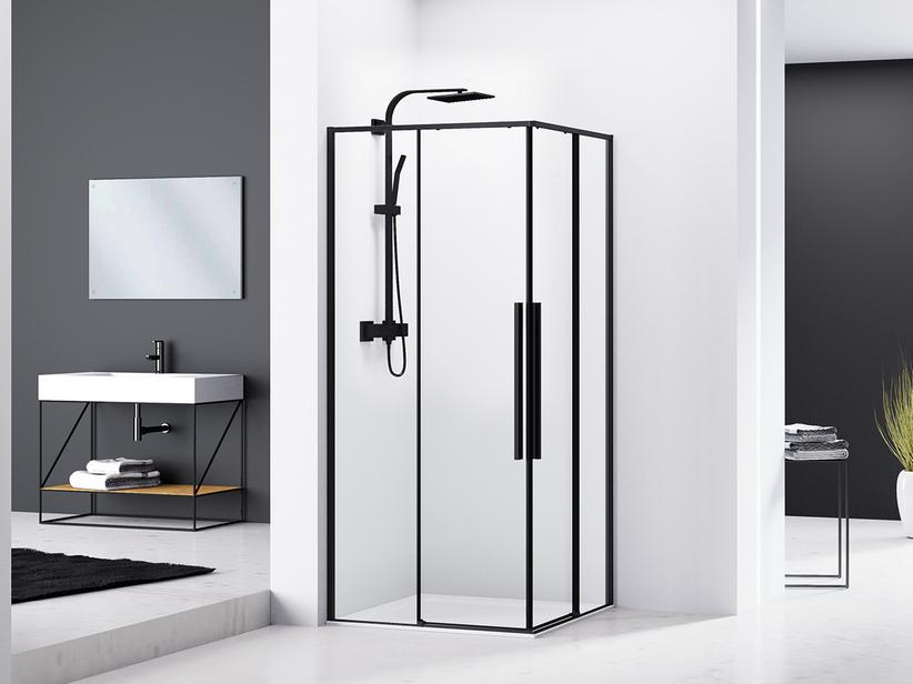 Cabine de douche d'angle feng shui 80x80 h200 Ext 78/79 portes coulissantes verre noir mat transparent 6 mm | IperCeramica