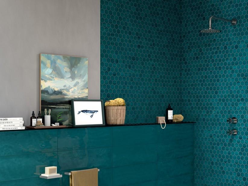 Mosaïque hexagonale Intinta Ottanio 28,8x33,3 bleu pétrole brillant | IperCeramica