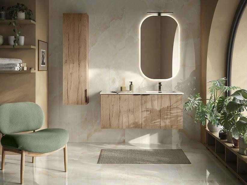 Meuble salle de bains AVIVO 120 cm 2 portes cannelé chêne clair et lavabo céramique vasque droite SMART blanc brillant | IperCeramica