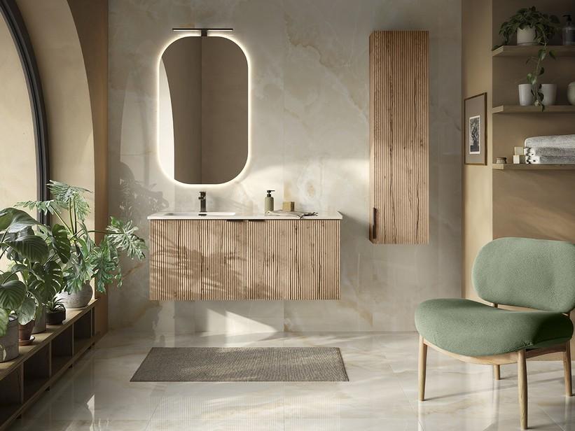Meuble salle de bains AVIVO 120 cm 2 portes cannelé chêne clair et lavabo céramique vasque gauche SMART blanc brillant | IperCeramica