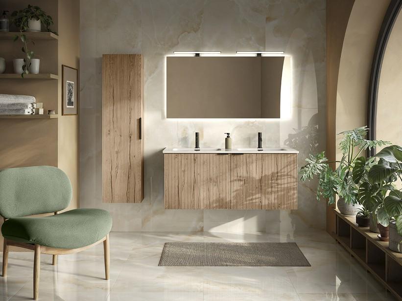 Meuble salle de bains AVIVO 120 cm 2 portes cannelé chêne clair et lavabo céramique double vasque ANDY blanc brillant | IperCeramica