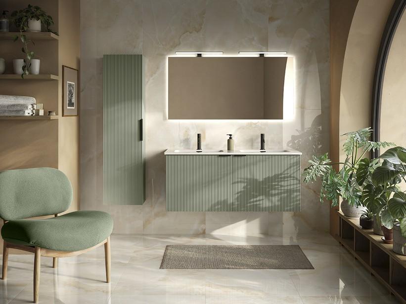 Meuble salle de bains AVIVO 120 cm 2 portes cannelé vert mat et lavabo céramique double vasque SMART blanc brillant | IperCeramica