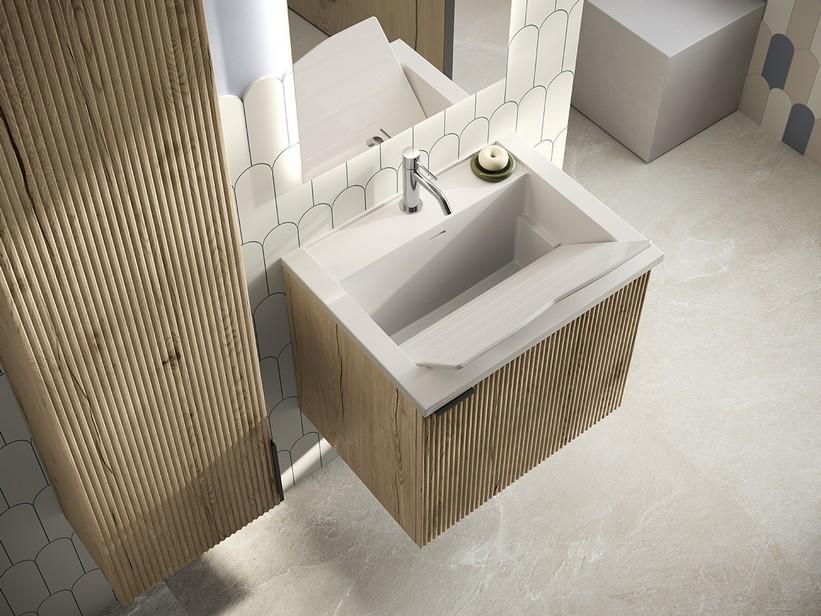 Meuble salle de bains/buanderie AVIVO 60 cm 1 porte cannelé chêne clair avec lavabo/lavoir résine WASH blanc brillant | IperCeramica