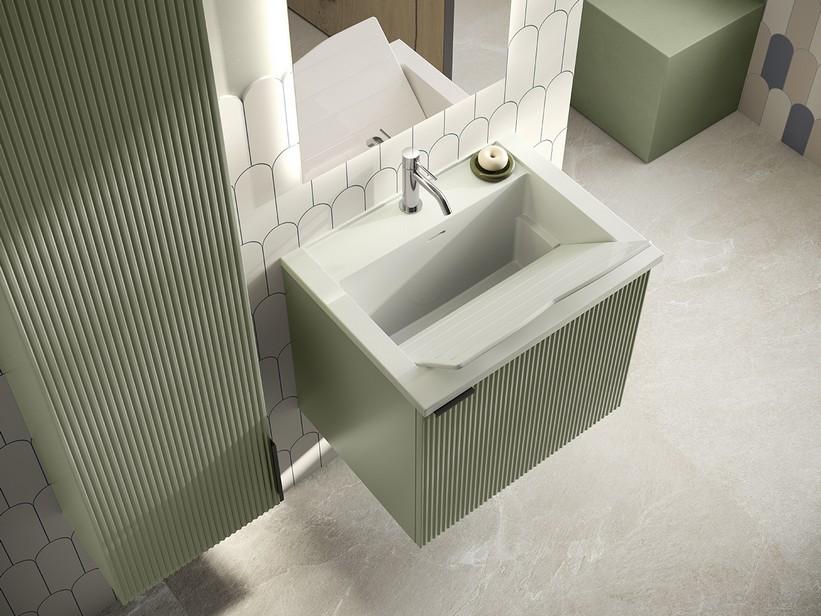 Meuble salle de bains/buanderie AVIVO 60 cm 1 porte cannelé vert mat avec lavabo/lavoir résine WASH blanc brillant | IperCeramica