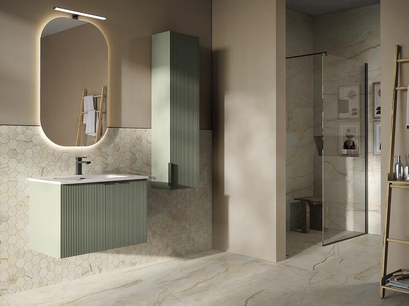 Meuble salle de bains AVIVO 75 cm 2 portes cannelé vert mat et lavabo céramique ANDY blanc brillant | IperCeramica