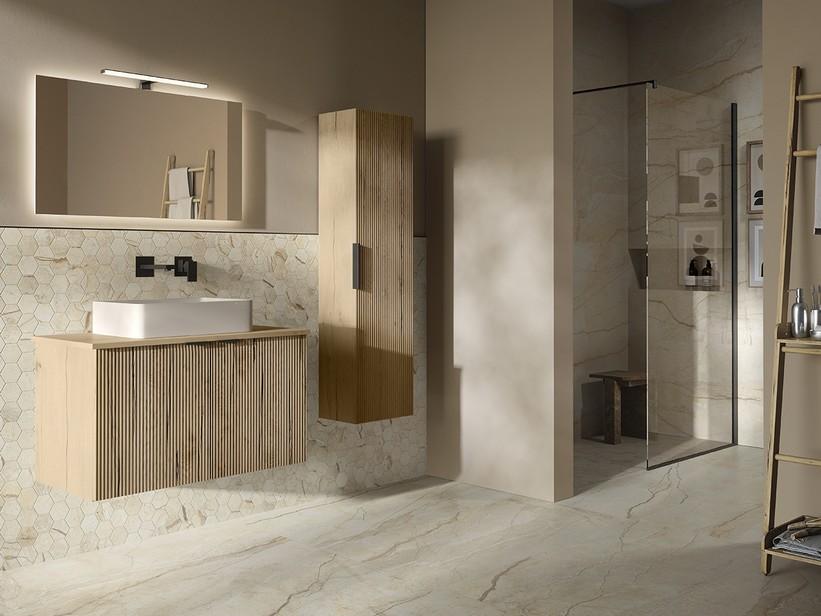 Meuble de salle de bains AVIVO 90 cm 2 portes cannelé avec plan chêne clair | IperCeramica