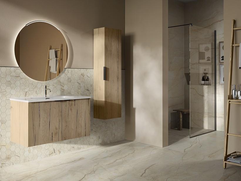 Meuble salle de bains AVIVO 90 cm 2 portes cannelé chêne clair et lavabo céramique ANDY blanc brillant | IperCeramica