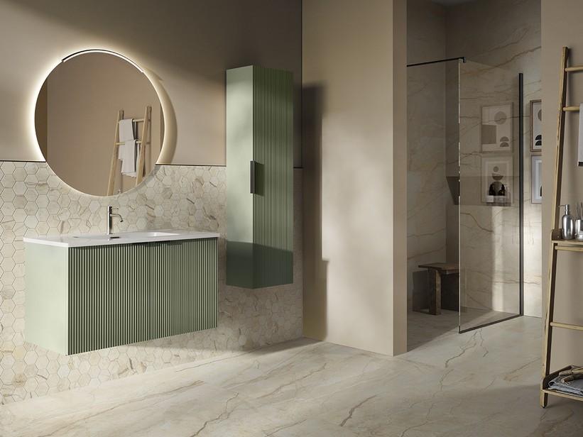 Meuble salle de bains AVIVO 90 cm 2 portes cannelé vert mat et lavabo céramique SMART blanc brillant | IperCeramica