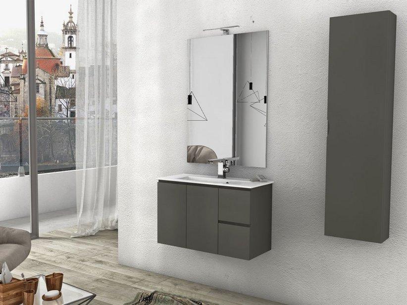 Meuble sdb Luana 81 cm gain de place P36, 2 ptes, 2 tir. taupe mat+p. vasque Unitop céram. blc brillant | IperCeramica