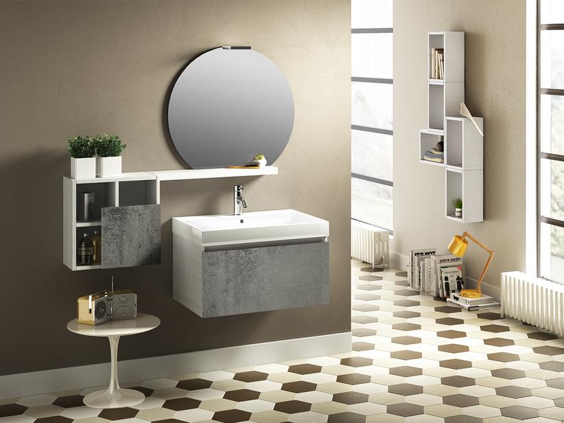 Meuble salle de bains Qubo 70 cm 1 tiroir Blanc Matrix/Gris oxyde avec lavabo Unitop Quadro en résine blanc brillant | IperCeramica